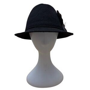 Black Cloche Hat With Brown Floral Accent & Bead Details - One Size